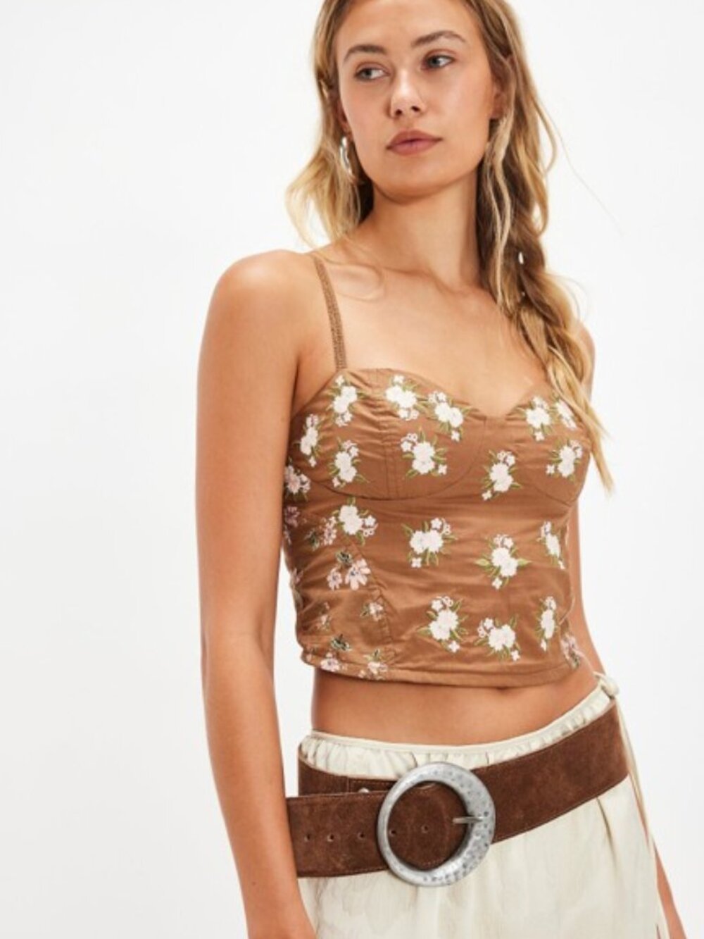 FREE PEOPLE Wild Flowers Embroidered Bustier Tank in Brown Size S NWT